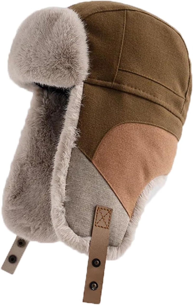 PURFUN Men Women Faux Fur Trapper Hat Stylish Splicing Color Winter Ski Hunting Hat Elders Warm Plush Ushanka Earflap Cap - Image 1